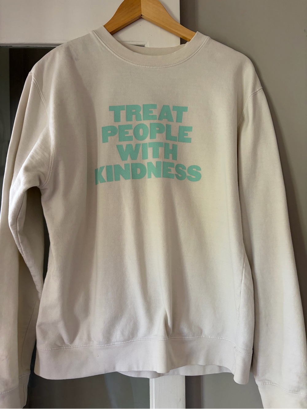 Cream Crewneck Sweatshirt with Aqua 'Treat People With Kindness' Print